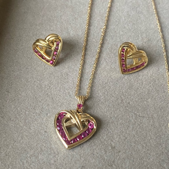 Classic Gold Over Sterling Ruby Heart jewelry set - Picture 2 of 11